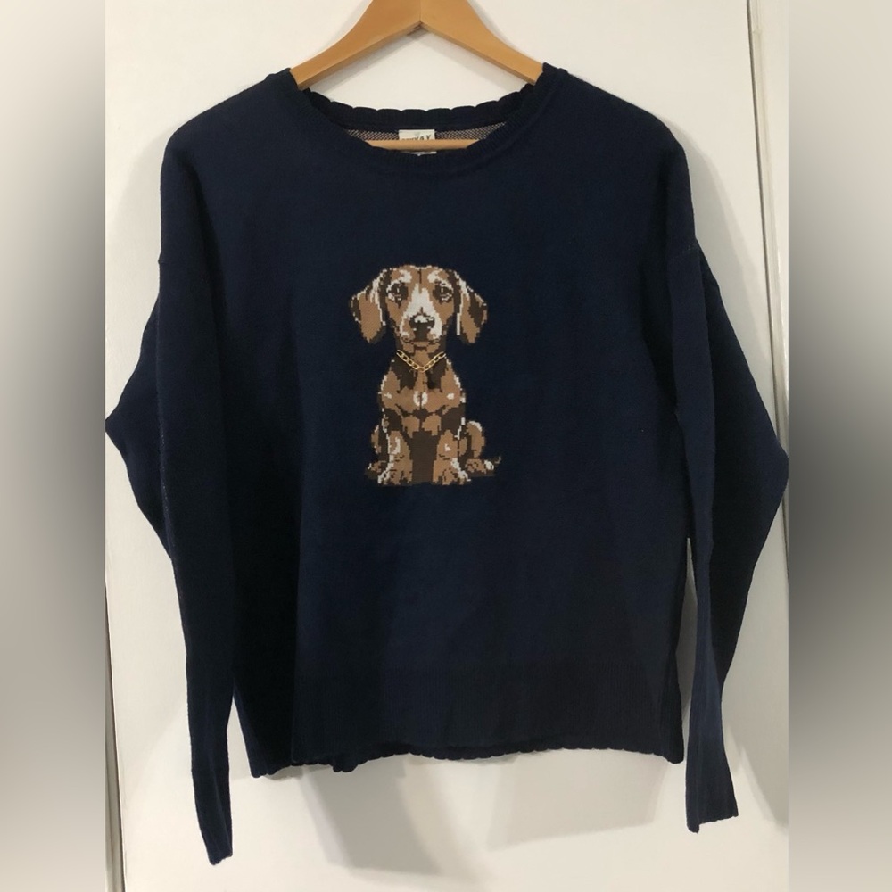 Nikka K navy sweater Dachshund Dog with gold chain & star charm.L